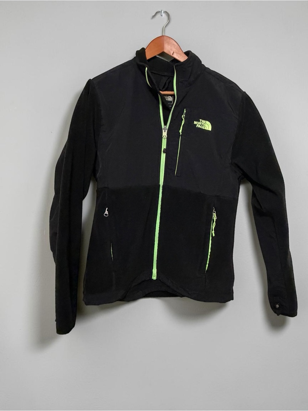 The North Face Denali Fleece Jacket Women Large Black Neon Lime Green Zip L